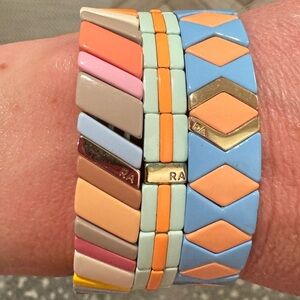 Roxanne Assoulin. Set of 3 tile bracelets. Sky blue, peach, mint, & other colors